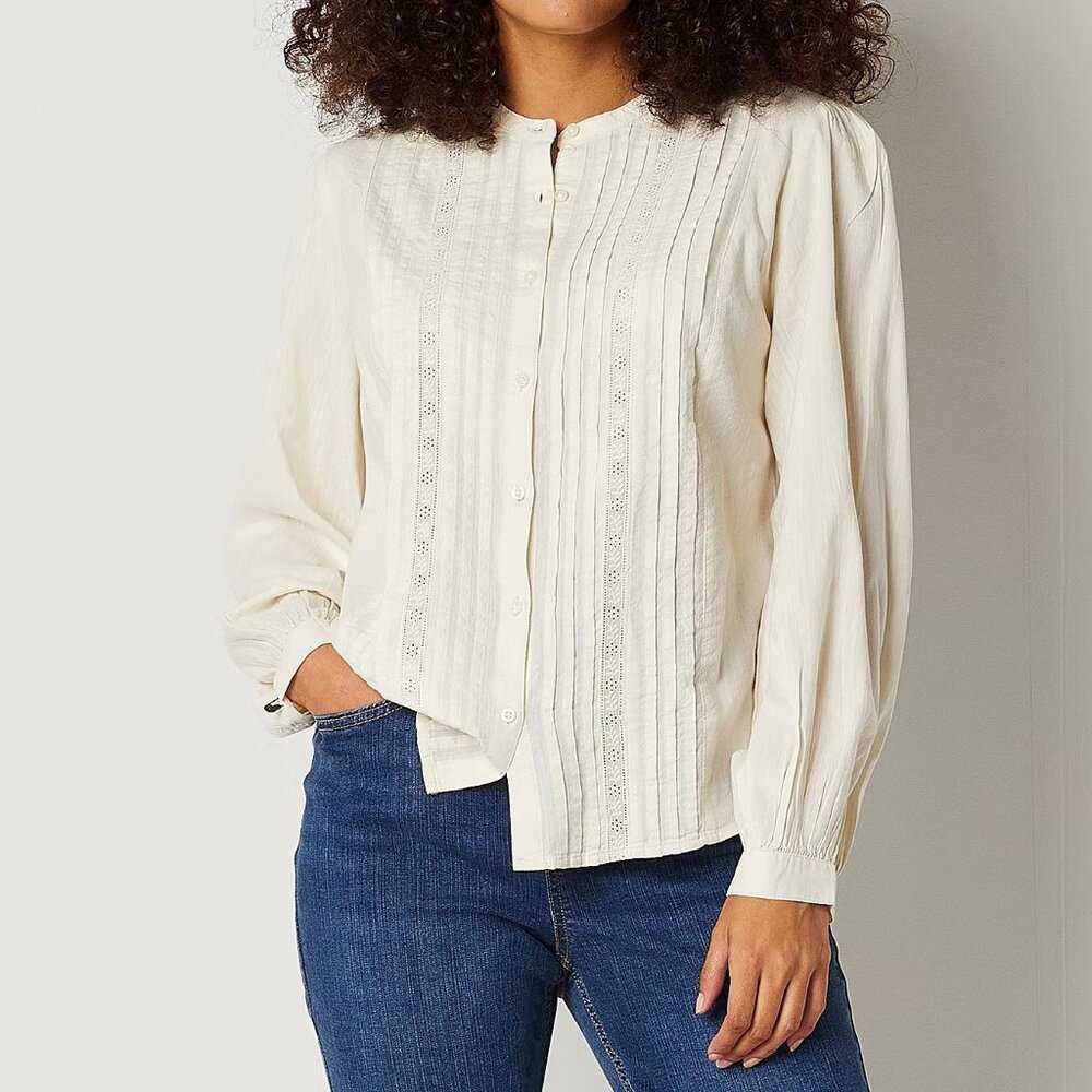 New St. John's Bay Long Sleeve Button-Down Pintuck Shirt, Ivory, Size L